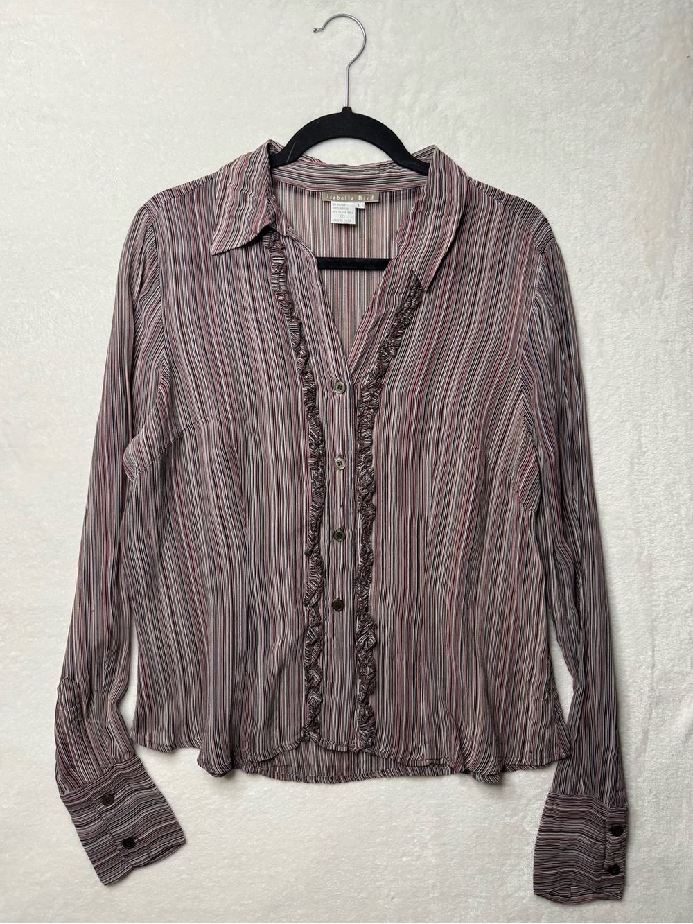 Vintage Isabella Bird Oink Black Striped Ruffle Button Down Sheer Blouse Boho L